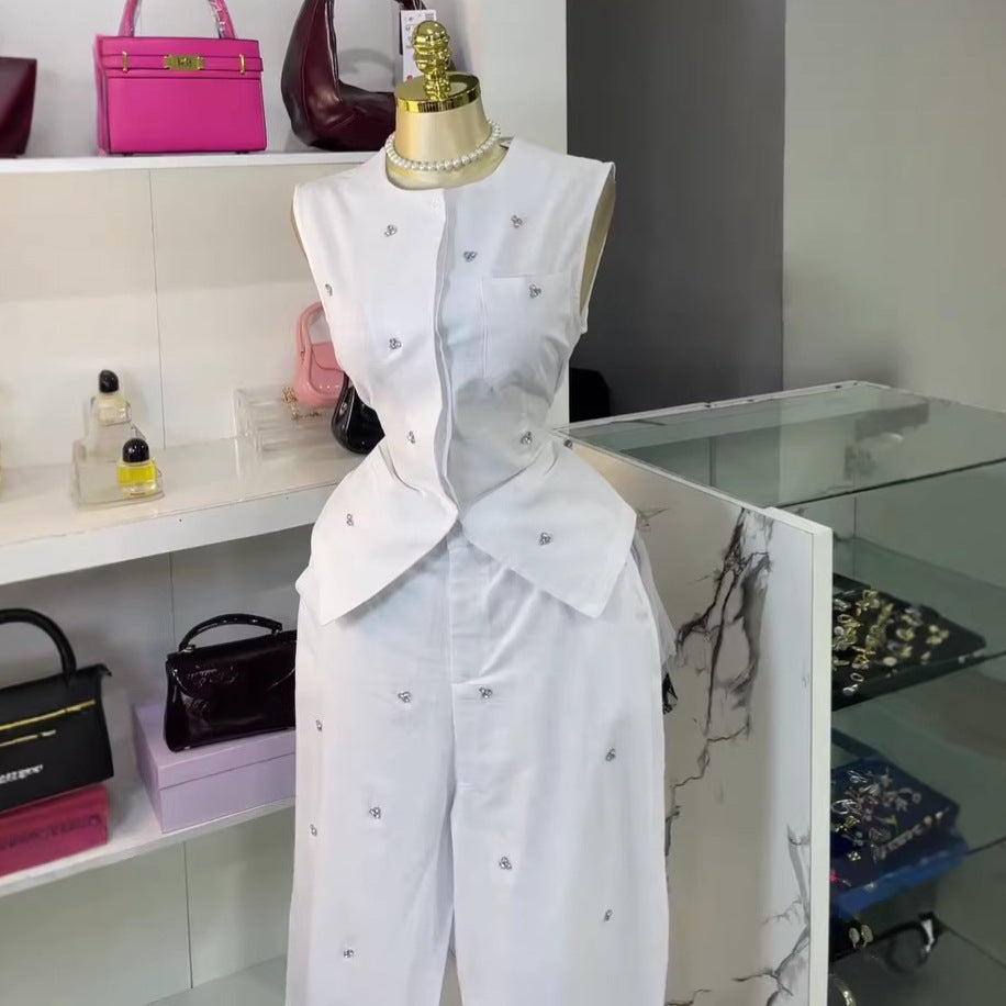Fashion cross-border women's clothing  summer new arrivalelegant round neck sleeveless diamond-encrusted vest vest high waistpantssuit