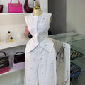 Fashion cross-border women's clothing  summer new arrivalelegant round neck sleeveless diamond-encrusted vest vest high waistpantssuit