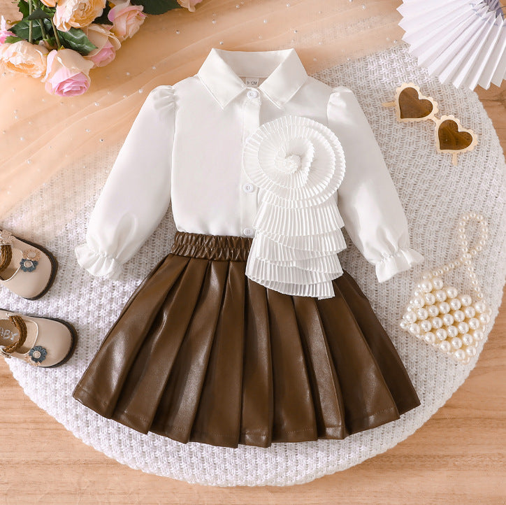 cross-border exclusive: new autumn collection - girls' long-sleeved blouse with floral design + pu leather skirt - hot-selling bestseller