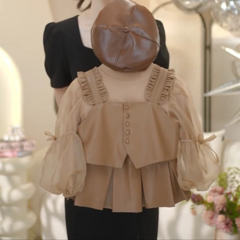 Girls' spring outfit : stylish little girl's leather three-piece set, autumn fashionable kids' base layer top, trendy