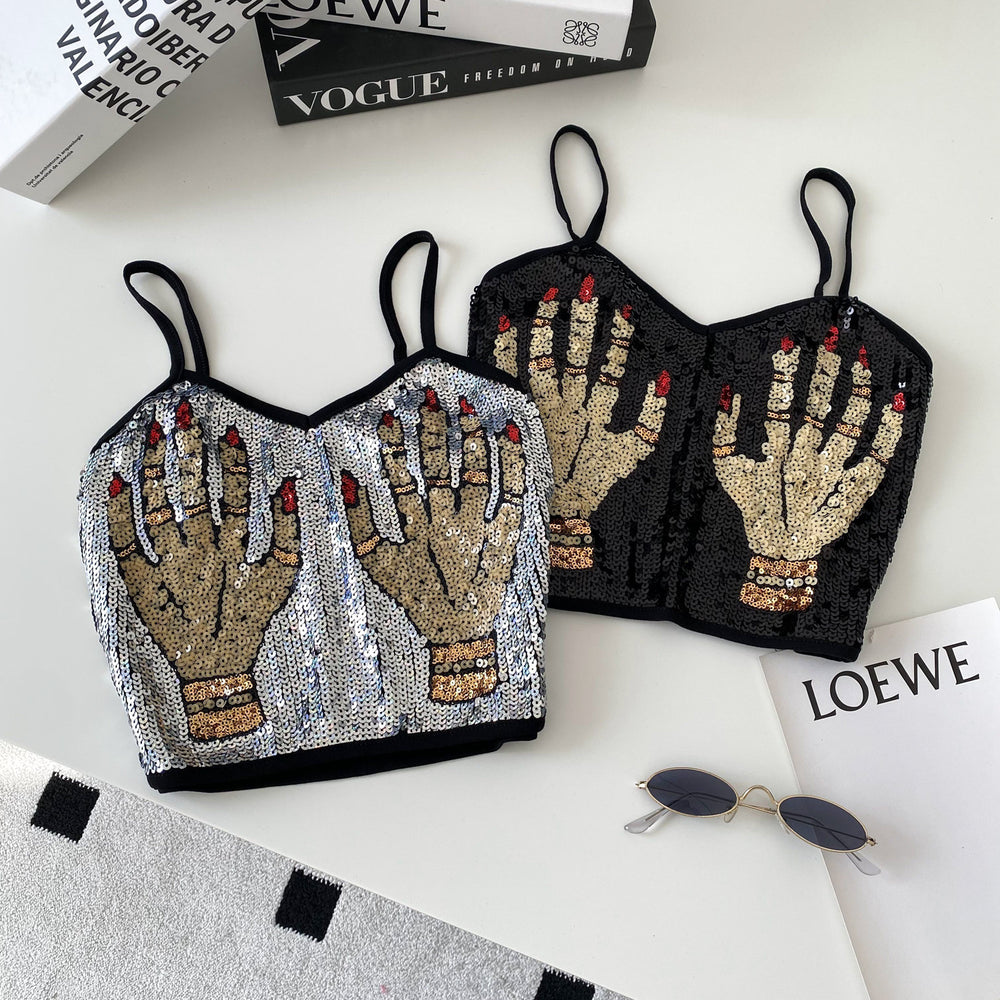 Fashion suspender tube top vest women's summerprinting heavy industry sequin exposed navel design street hot girl petitestops