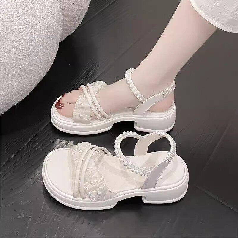Girls' sandals: new  summer princess style, slip-on, trendy, for school girls, mid-to-large children, kids' beach sandals