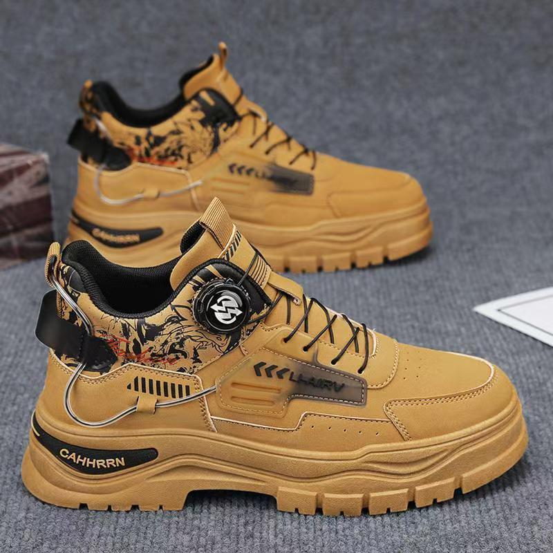 High-top men's shoes spring youth sports waterproofabrasion resistantnon-slipthick solecasualworkwearrotate button boots