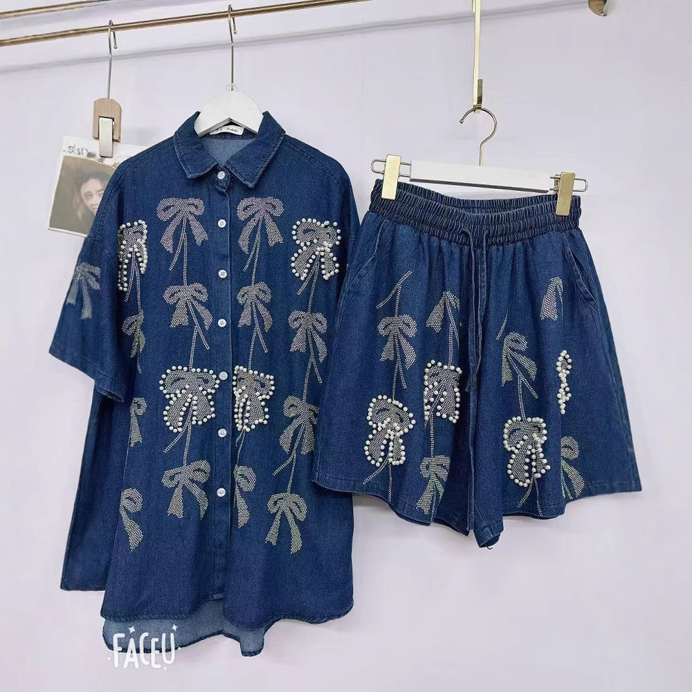 new european style heavy-duty denim set for women: designer cardigan and shorts, unique, fashionable, and relaxed fit two-piece outfit