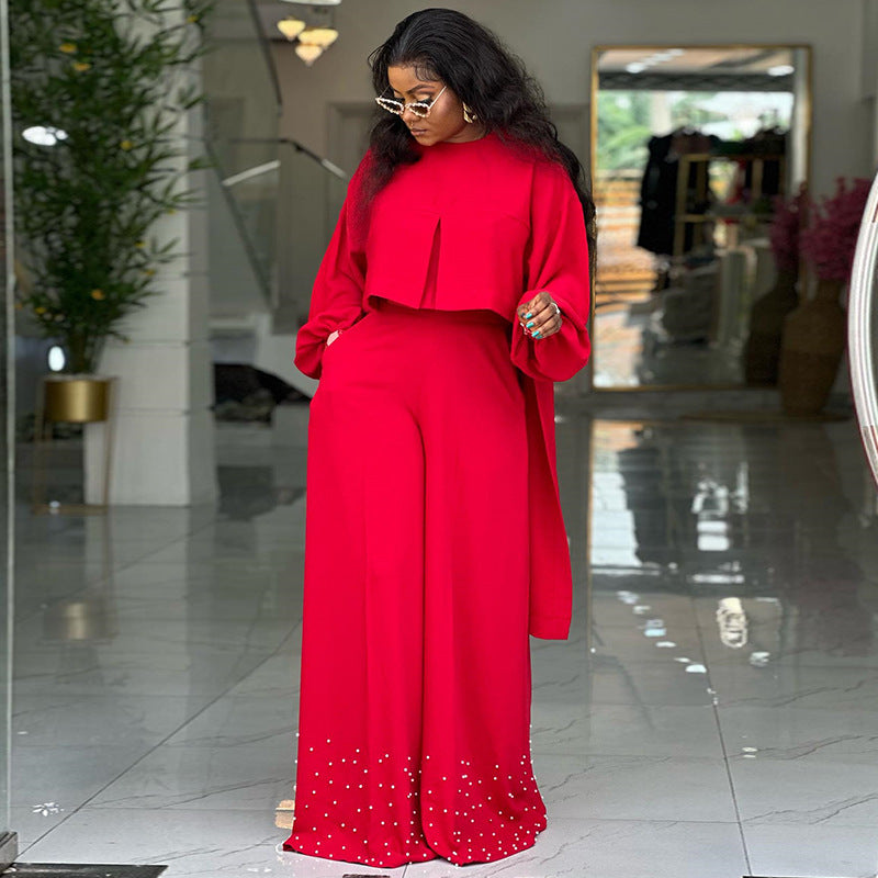 European and american cross-border women's clothing  summer new collection: round neck irregular lantern sleeve top and beaded wide-leg pant set