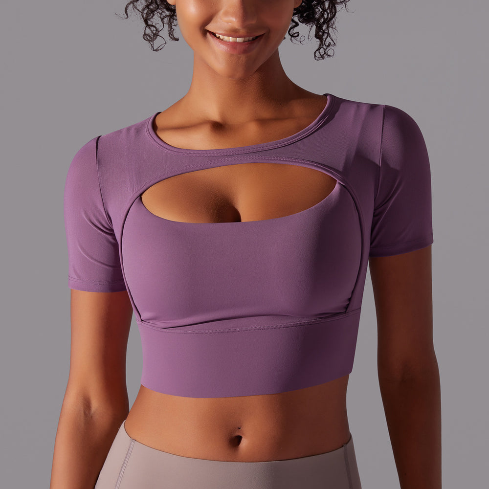 New arrival nude mesh cut out short-sleeved fake two-piece yoga top all-in-one coaster bubble wrap push-up fitness beautiful back