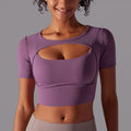 New arrival nude mesh cut out short-sleeved fake two-piece yoga top all-in-one coaster bubble wrap push-up fitness beautiful back