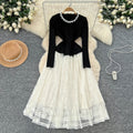 French hepburn style heavy beaded round neck long sleeve lace patchwork dress women's  autumn fitted waist evening gown