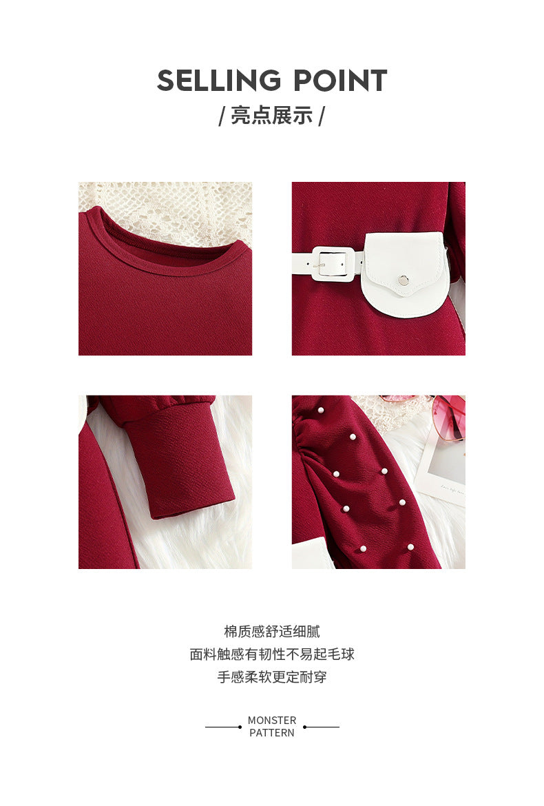 retrogirldress red round neck lantern sleeves belt waist bag pearl decoration fall and winterkids skirt