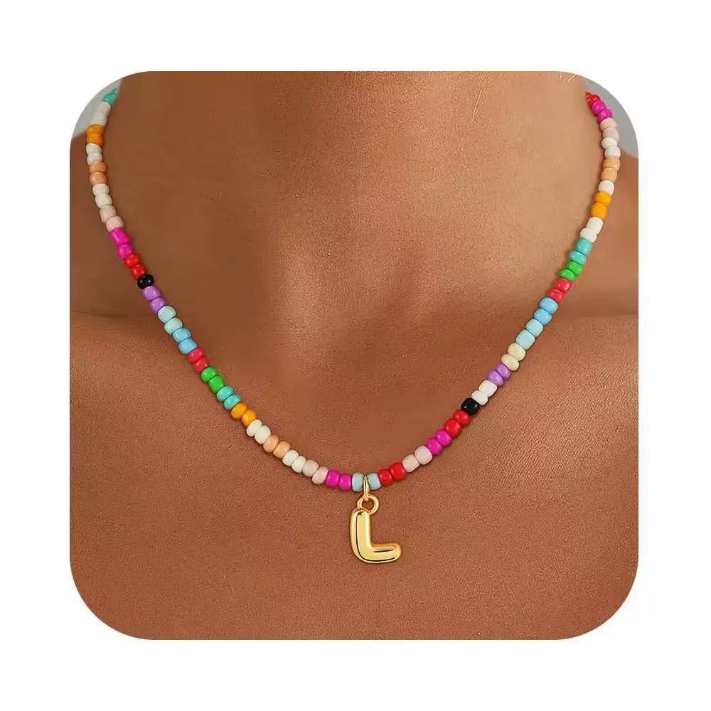 European and american bohemian necklace, colorful seed beads, 18k gold plated stainless steel women's choker, unique fashion jewelry