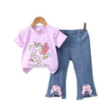 Factory direct: new girls' summer two-piece set - korean style unicorn short sleeve top + bowknot flare pants