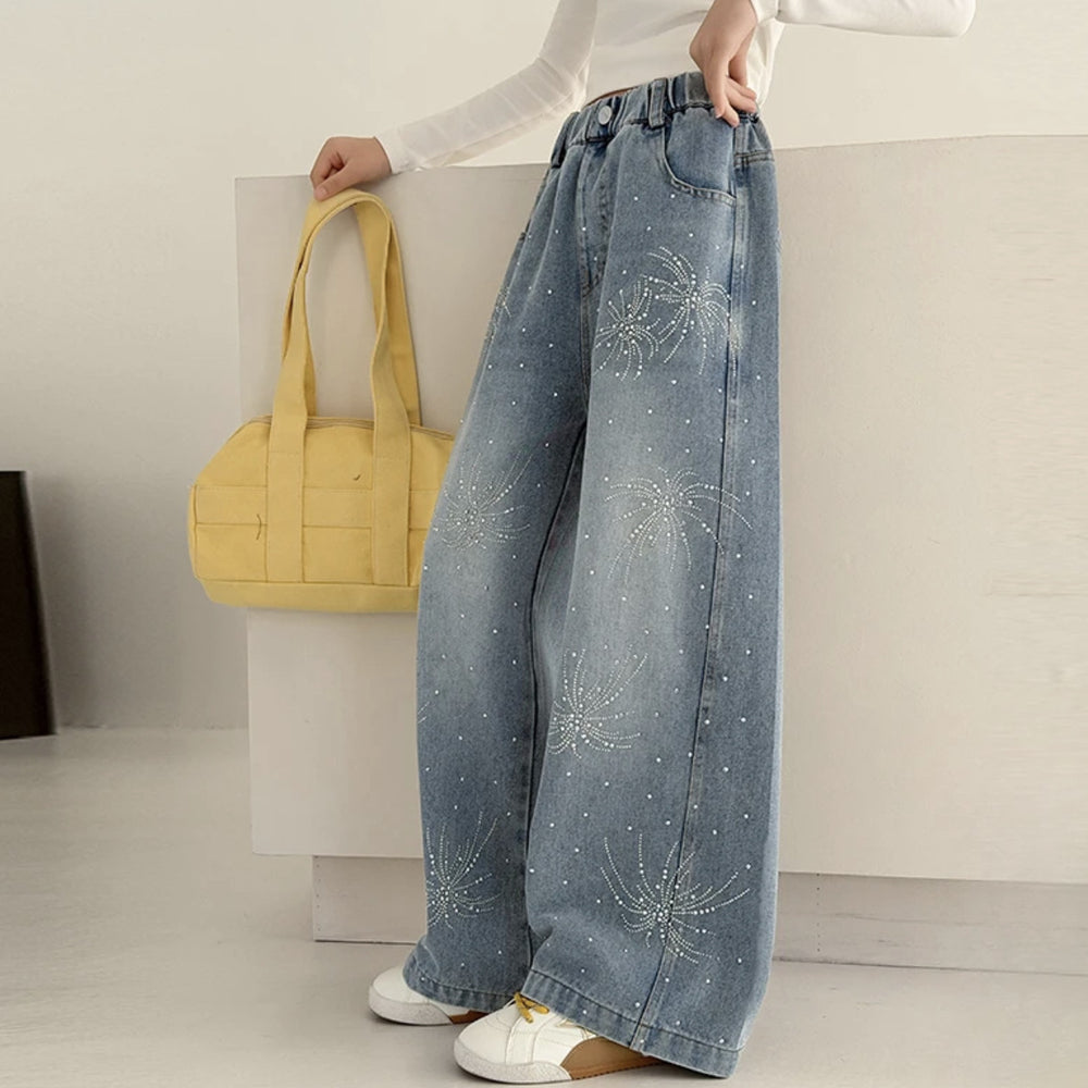 Girls'  new spring/autumn rhinestone fashion jeans, scimitar pants, super stylish straight-leg jeans, sparkling rhinestone versatile pants