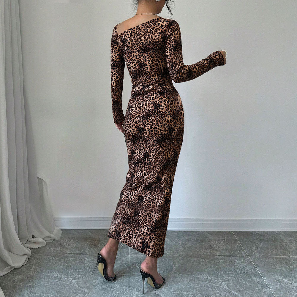 Shein independent station  women's clothing European and American sweet and spicy style leopard print dress autumn and winter sexy babes slit dress