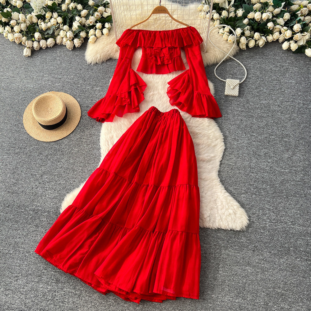 French riviera style red ruffle flare sleeve v-neck blouse and high-waisted midi skirt two-piece set - women's autumn chic