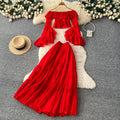French riviera style red ruffle flare sleeve v-neck blouse and high-waisted midi skirt two-piece set - women's autumn chic