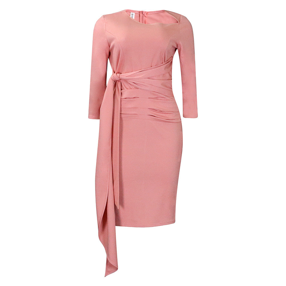 C8516export women's clothing new style pleated strap pure color hip-covering professional ol elegant large size european and american dress