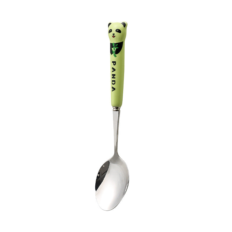 Cartoon stainless steel cutlery set: cute kids' forks with stylish ceramic handles, exquisite dessert spoons, and serving spoons