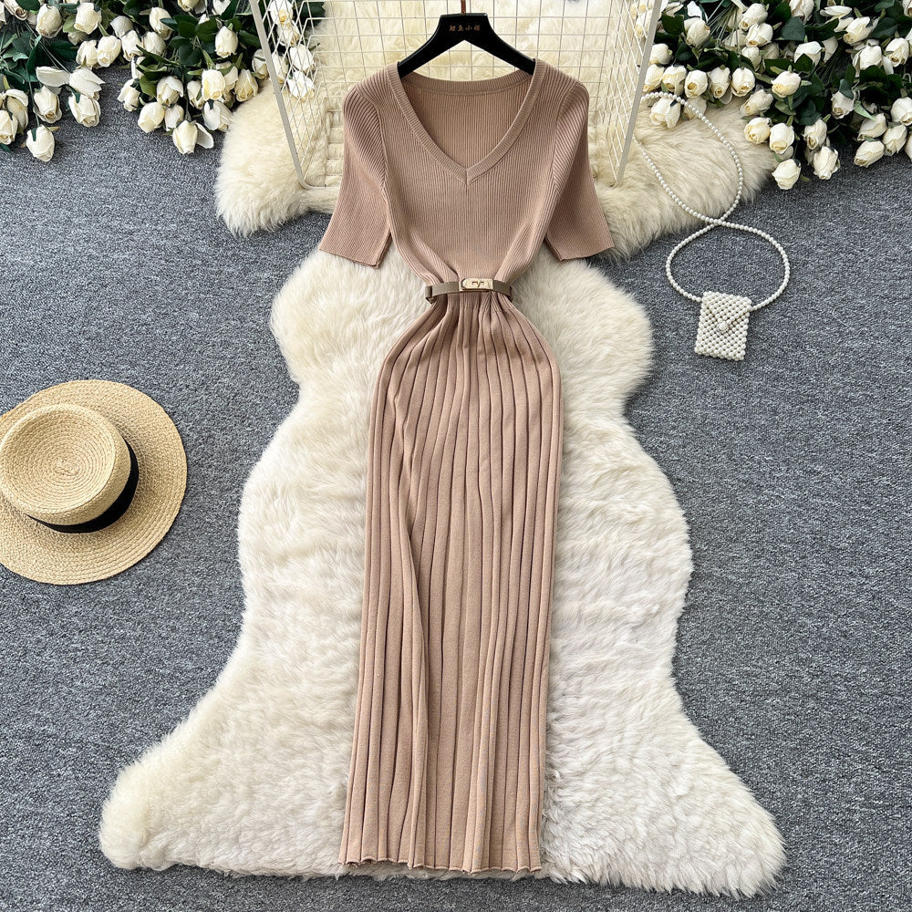 Korean style v-neck knitted dress - women's  summer slim fit bodycon maxi dress - commute-friendly, elegant, and chic