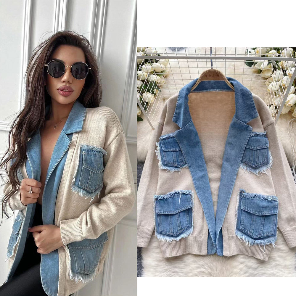 Fashionfashionstylishknittingpatchwork denim outwear women's winterloose lazy stylethickenedsweatercardigantops