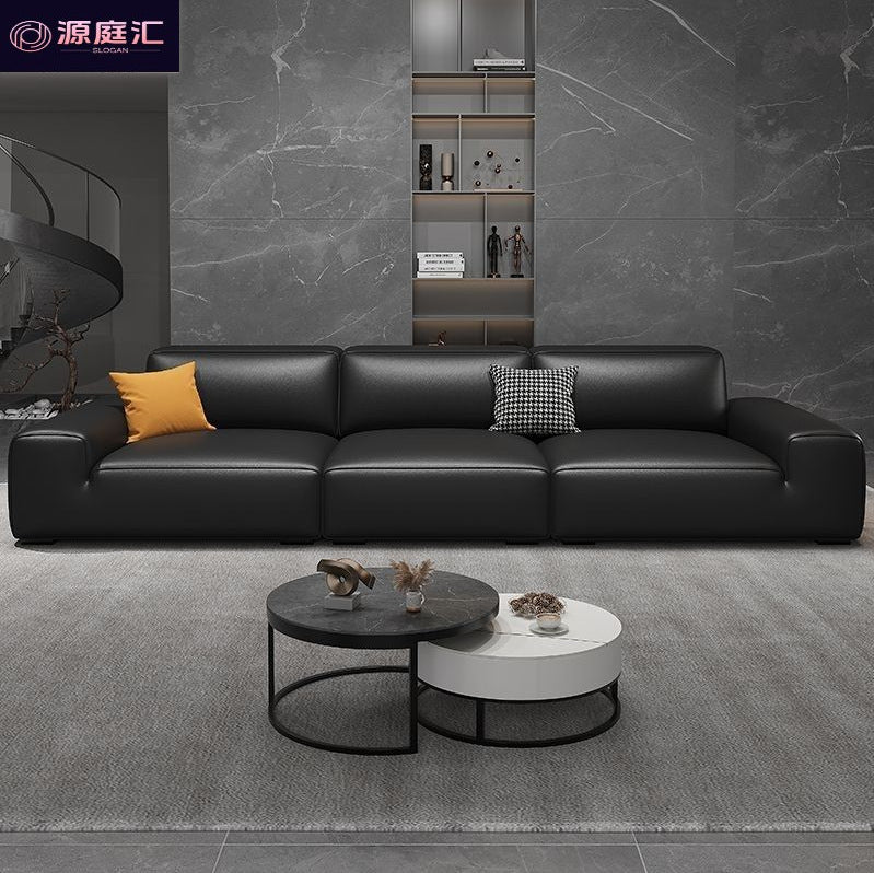 Italian accessible luxury big black cow sofa living room luxury genuine leather sofa tofu block straight cat claw belt spring sofa
