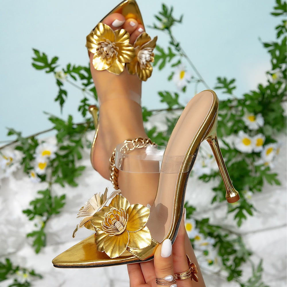 2025 european and american women's shoes: exquisite gold floral embellished, irregular metal heel stiletto sandals - cross-border amazon listing