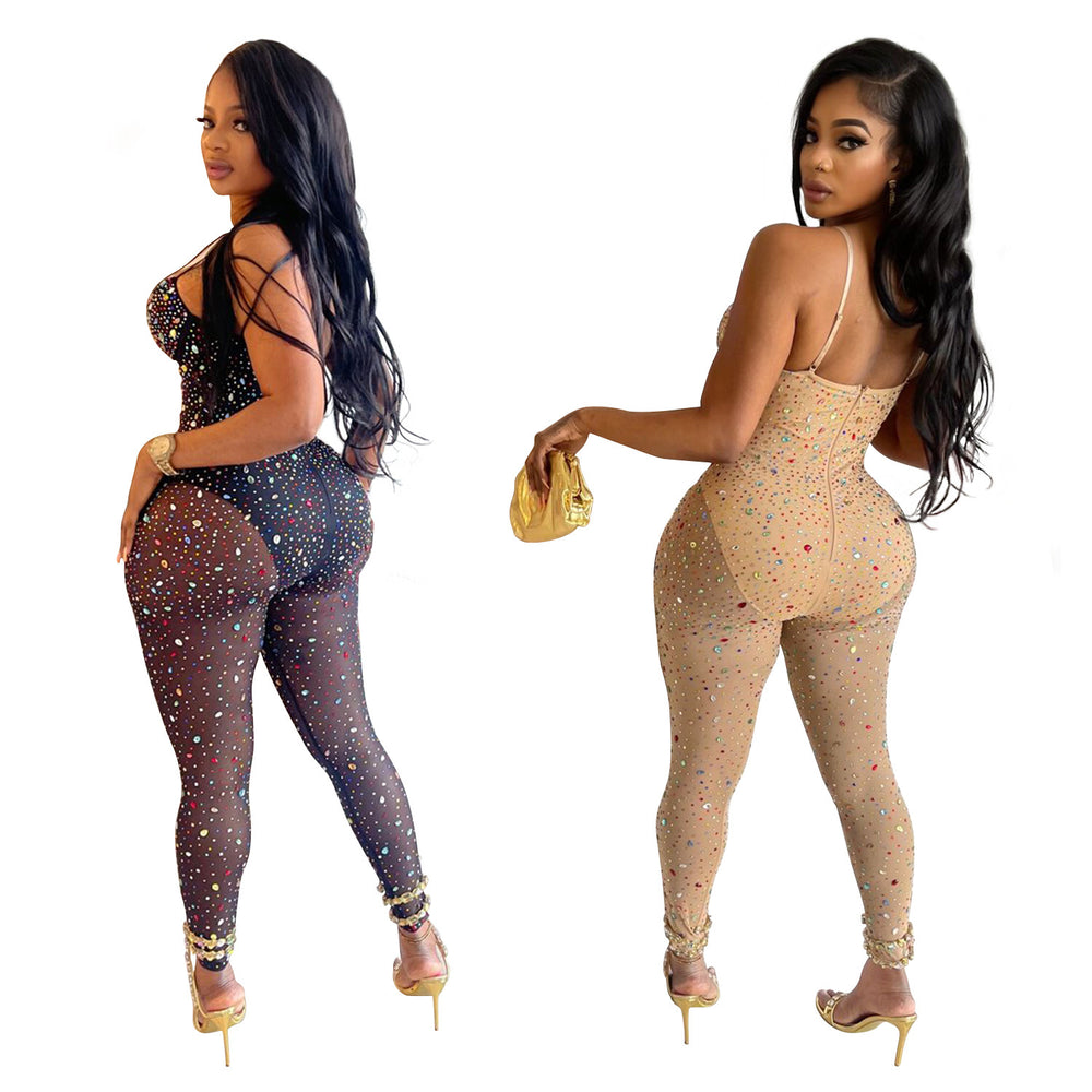 C6780 cross-border   fashion women's solid color mesh rhinestone sleeveless pants jumpsuit
