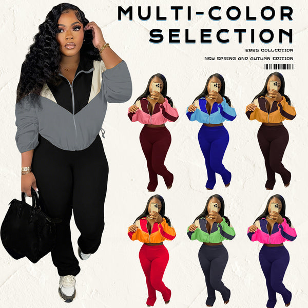 M3073 European and American German velvet suit color matching zipper cardigan leggings sports suit   Source