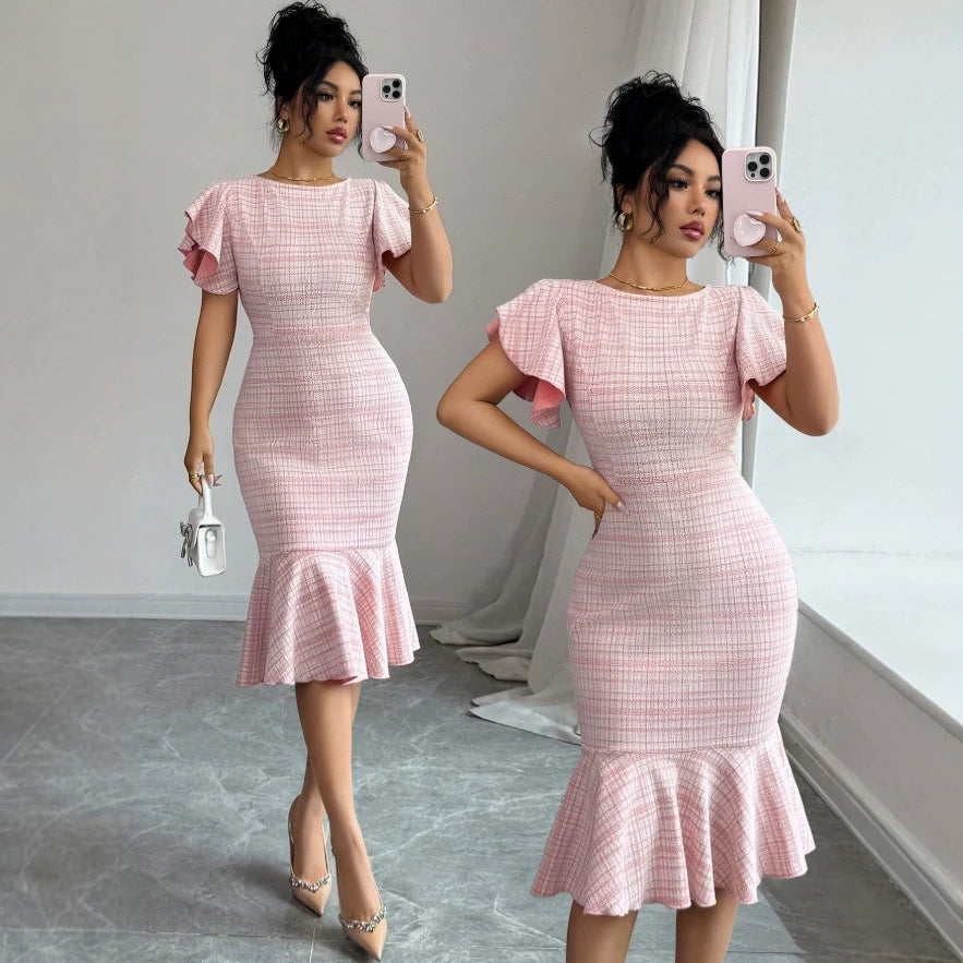 new arrival tweed style dark gray tweed short sleeve dress round neck contrast color button fishtail skirt short skirt