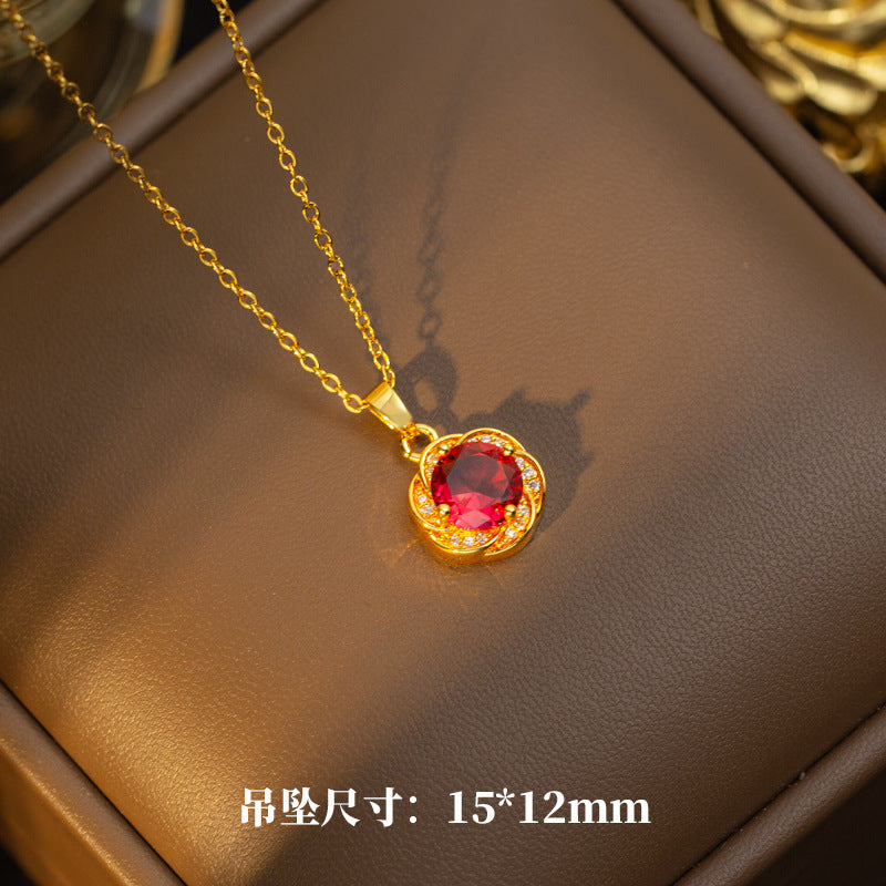 [titanium steel] necklace female internet celebrity red zircon geometric niche fashion design pendant elegant suit titanium steel necklace