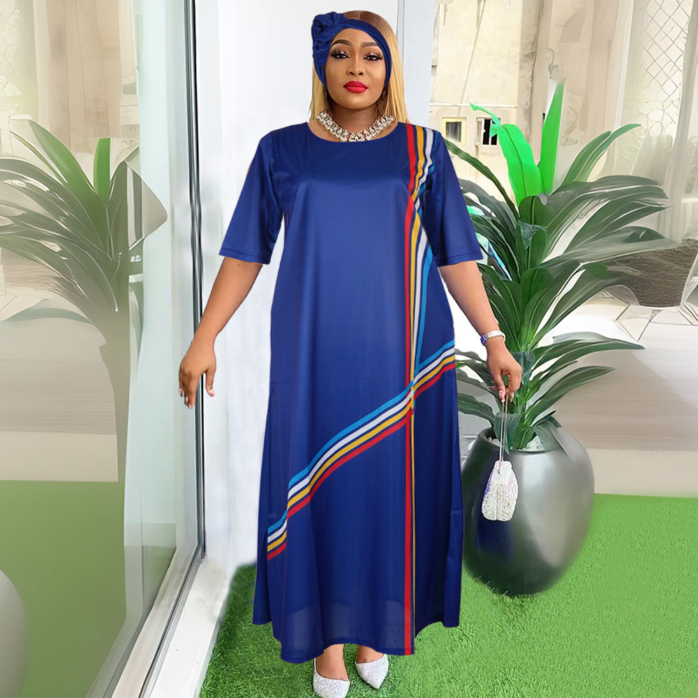 Aliexpress  cross-border supply african plus size european and american women's clothing colorfulstripesdress with headscarf