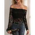 European and american cross-border  elegant fan-shape neck off-the-shoulder lace slim-fit long-sleeve top