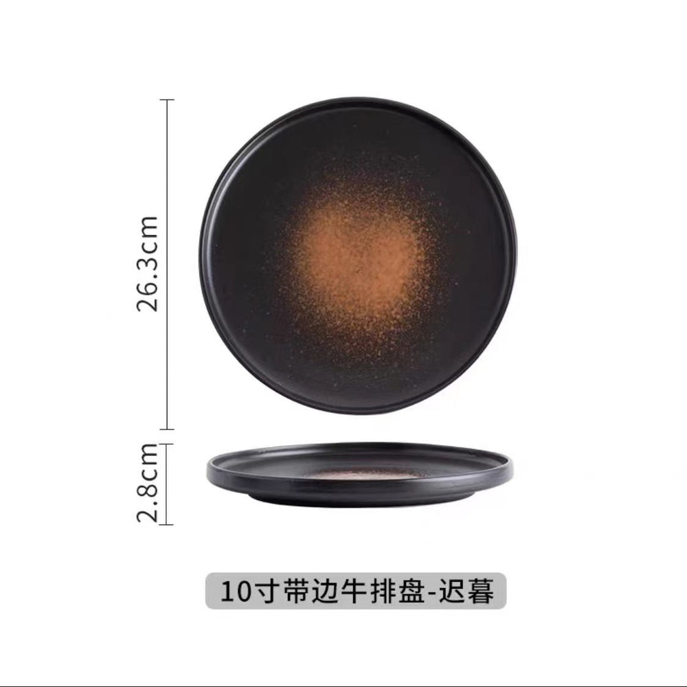 Japanese retro ceramic western dinner plate steak flat plate stoneware household dinner plate commercial round plate hotel restaurant tableware