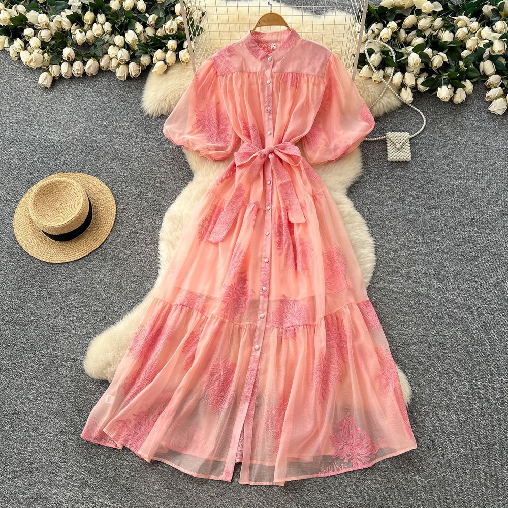 Palace style classy heavy industry embroider puff sleeve dress female summerfrench strap waist single breasted long skirt