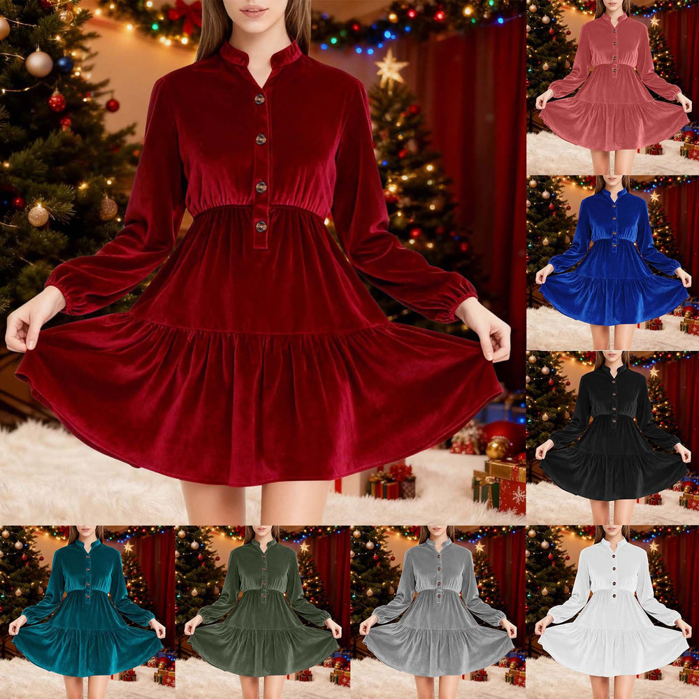 new arrival: european and american style long dress - v-neck, gold velvet, loose fit, multi-layered ruffle hem maxi dress for women (cross-border e-commerce)