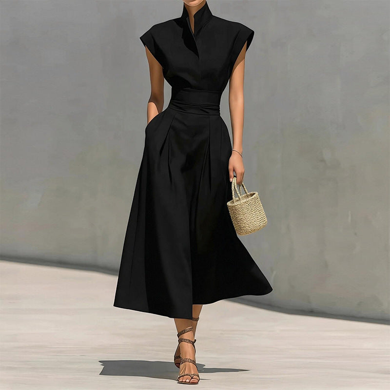 women's summer new arrivals:  cross-border fashion - european & american style, elegant solid color, cinched waist, flutter sleeve dress
