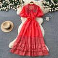 French yellow cut out short sleeve tie backdress women's summer accessible luxuryelegant style a-line work clothing long skirt