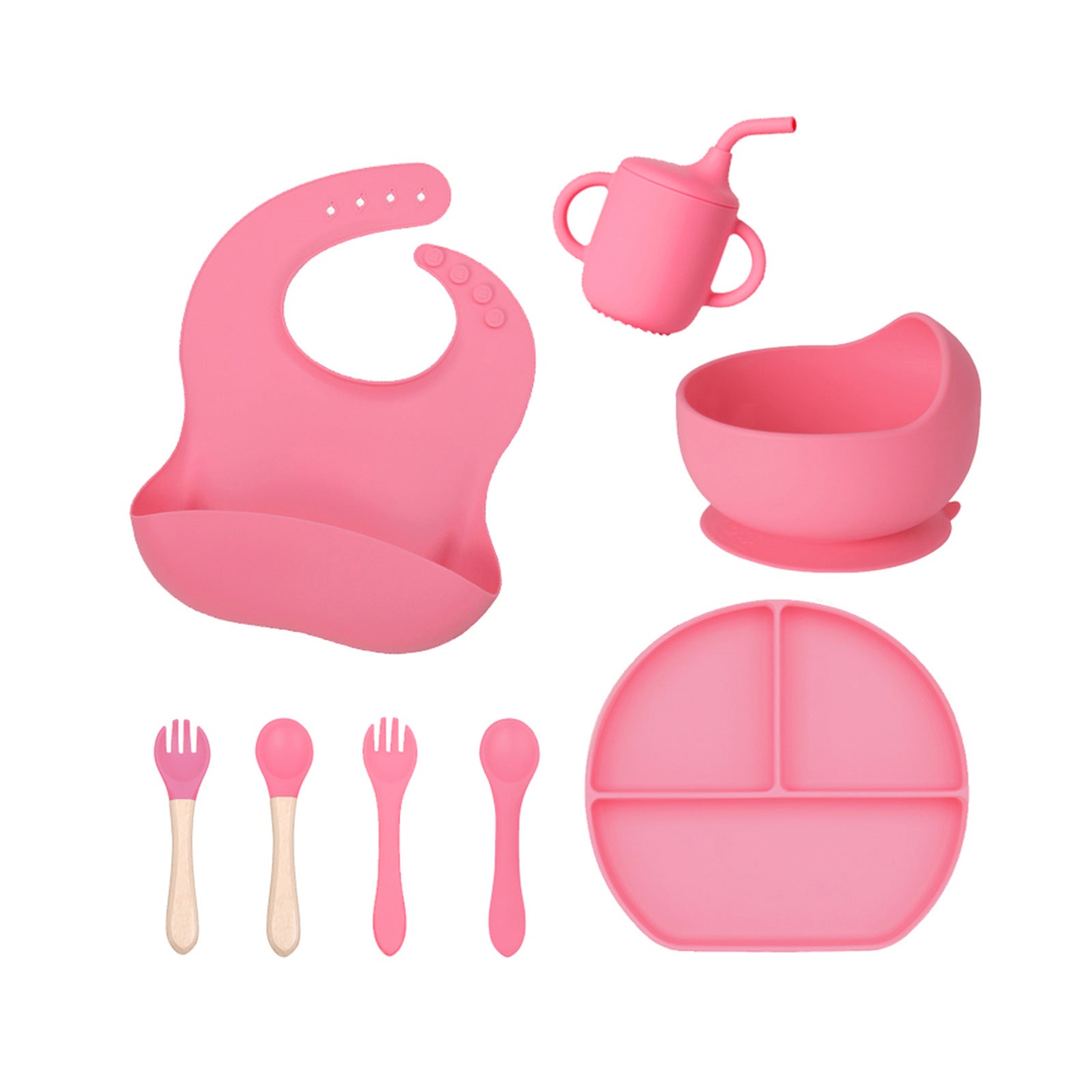 Baby silicone tableware 6-piece set Children's silicone bowl Suction cup Plate Water cup Wooden handle Fork spoon Wholesale Spot tableware