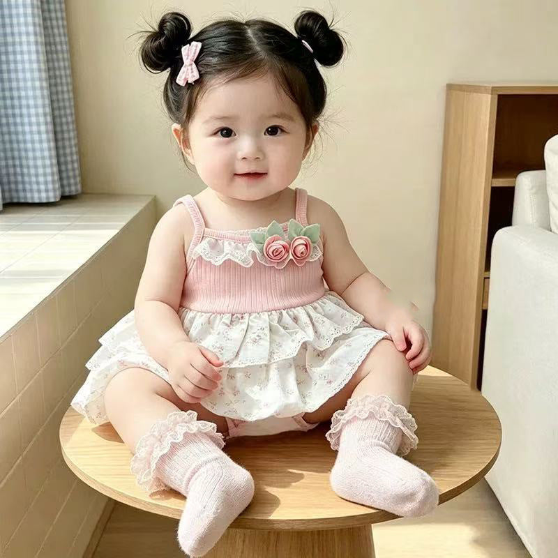 Summer lightweight romper dress - stylish triangle bodysuit for babies - floral print summer outfit - infant one-piece