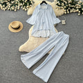 Lazy style stripesshirtloose pantstwo-piece set female summer lapel casualcasualelegantsuitsense of design