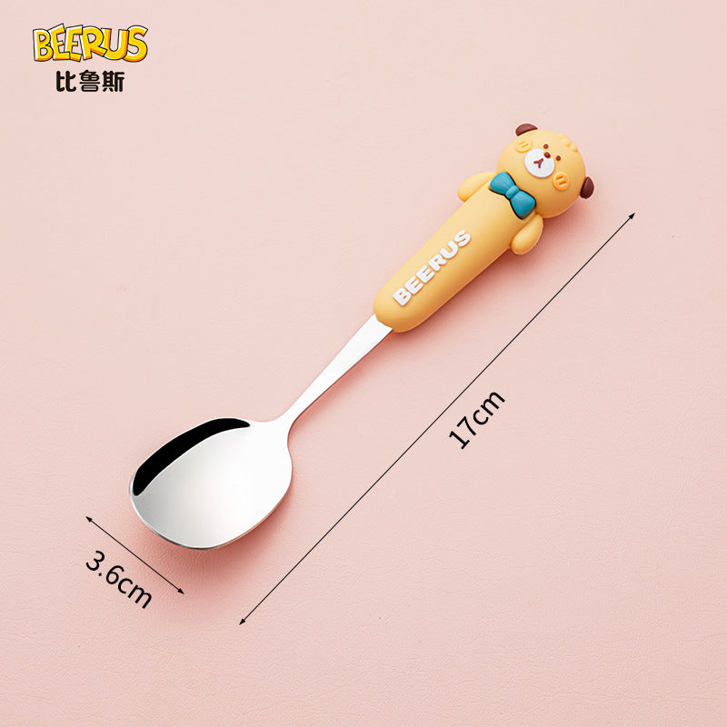 High-quality, adorable cartoon children's cutlery set featuring a cute bear design. includes a fork, spoon, and is perfect for school lunches. made of durable silicone, these portable forks and spoons are available for wholesale