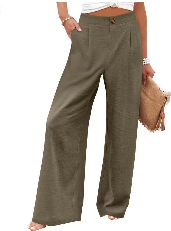 cross-border  fashion summer plaidhigh waistpants button elastic waist loose pants women's casual straight-leg pants
