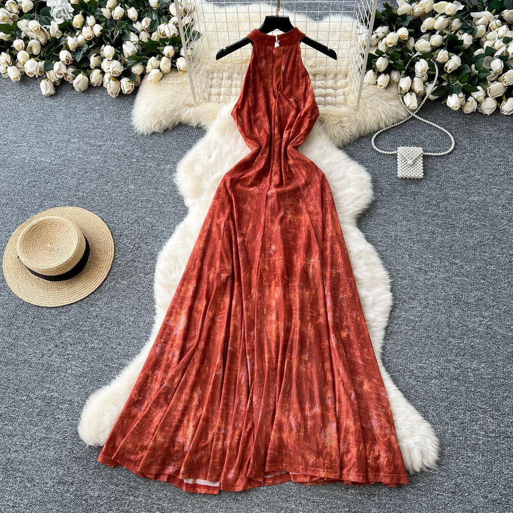 Frenchretro style classy sense of smudged halter sleeveless dress women's summer waist design beautiful long skirt