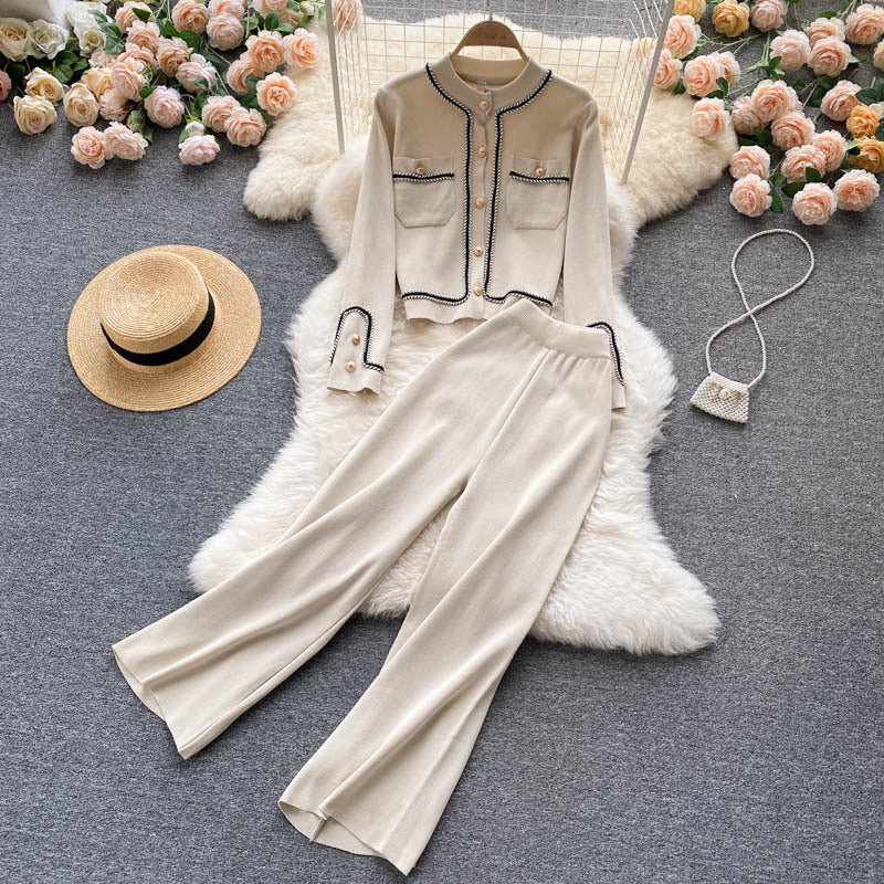 Light mature style knittingsuit women's autumnew arrivalsense of design single breasted cardiganhigh waistslimming lookloose pantstwo-piece set