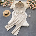 Light mature style knittingsuit women's autumnew arrivalsense of design single breasted cardiganhigh waistslimming lookloose pantstwo-piece set