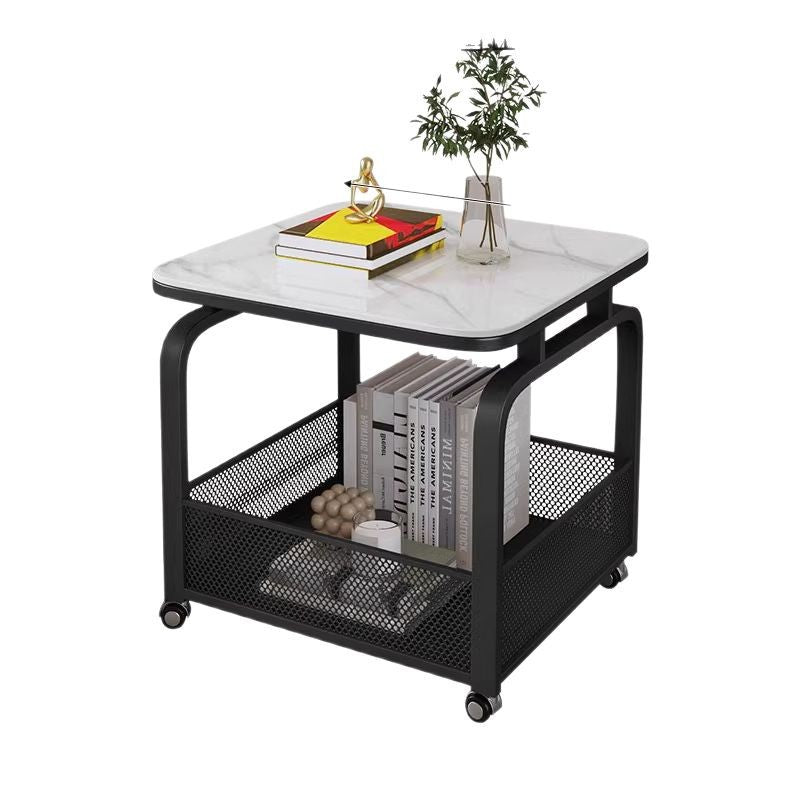 Modern minimalist mobile square rock slab coffee table - small apartment mobile cart side table coffee table square table