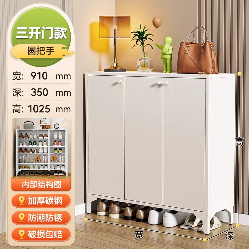 Steel shoe cabinet for home, shoe rack for entryway, hallway organizer with door and lock, minimalist large capacity faux stone shoe cabinet