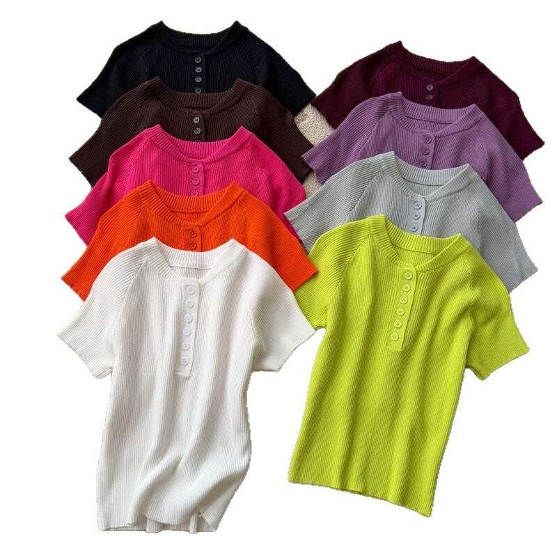 Old money style knittingcasualpure colorcasual women's summereasiest for matchslimming look single breastedv neckwork clothingtops multi-color
