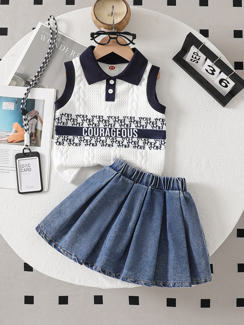 spring/summer new arrival: cross-border girls' textured knit top + a-line denim skirt pants two-piece set