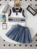 spring/summer new arrival: cross-border girls' textured knit top + a-line denim skirt pants two-piece set