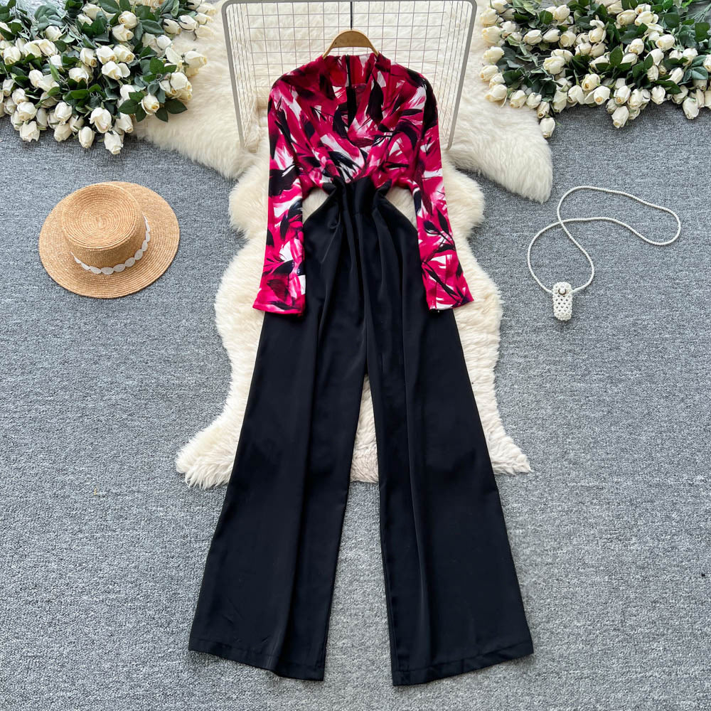 Autumn wear light mature style royal sister style classy sense v necklong sleevesprintingpatchworkhigh waistslimming lookcasualloose pants jumpsuit
